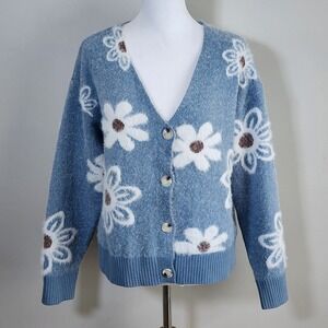 Floral Cardigan Sweater Womens Medium Blue Fuzzy Daisy Soft Boho Girlhood Fall